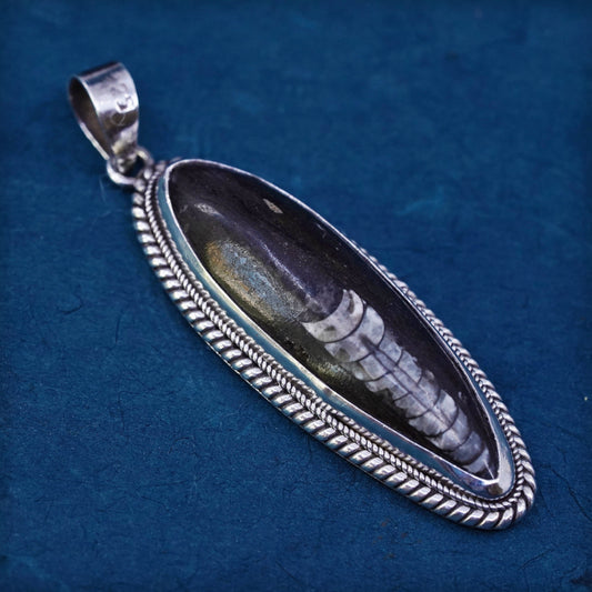 Vintage Sterling 925 silver pendant with Orthoceras fossil shell inlay cable