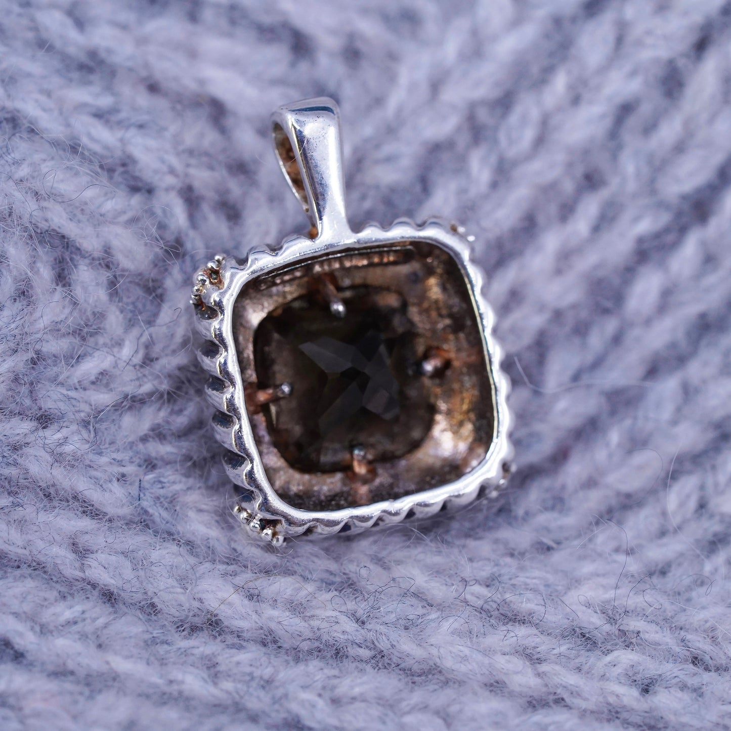 Vintage Sterling 925 silver handmade square pendant with smoky quartz