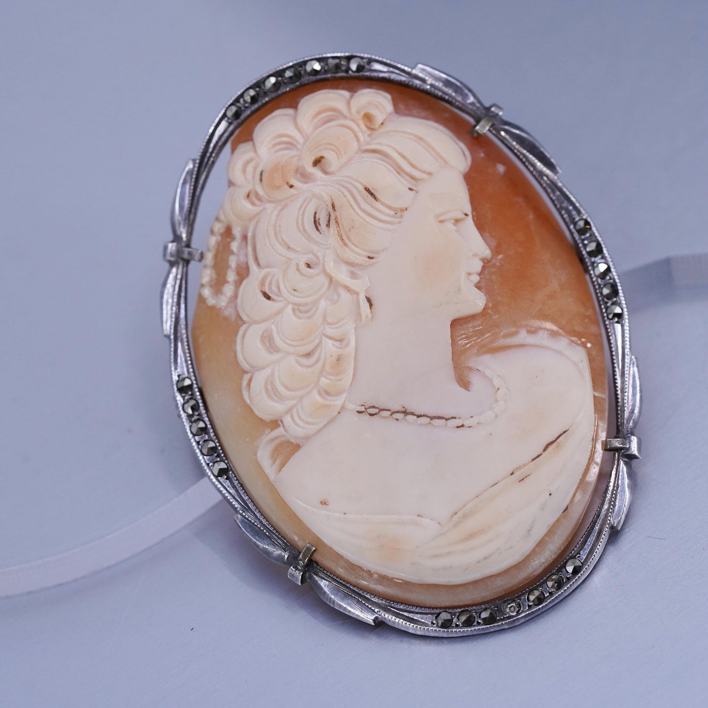 Vintage Sterling 925 silver handmade brooch pendant w/ agate carved cameo girl