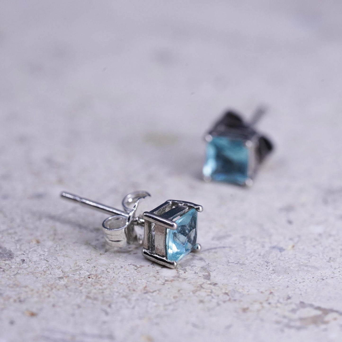 Vintage sterling silver handmade earrings, 925 studs with blue topaz