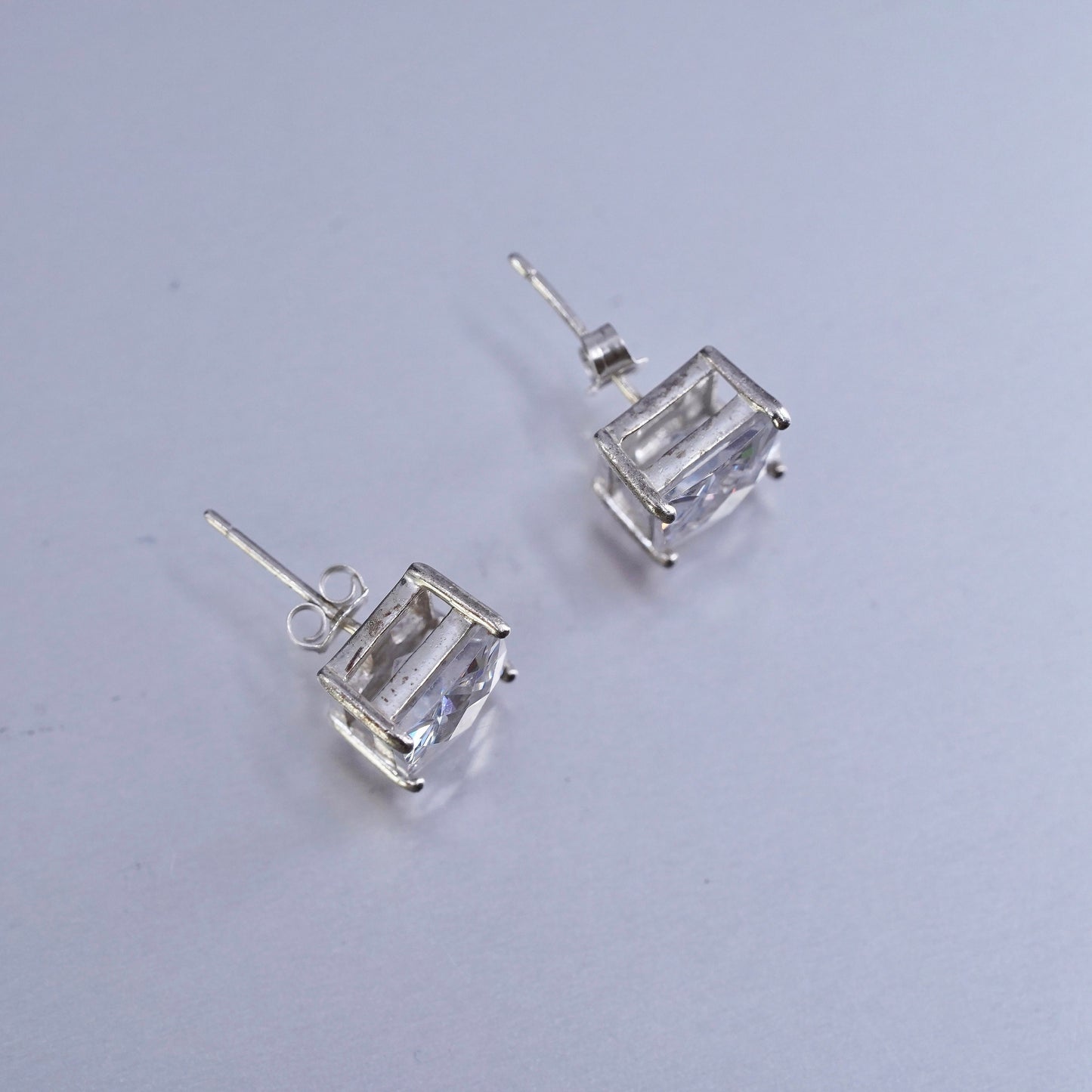 9mm, Vintage Sterling 925 silver earrings, studs with square cz inlay