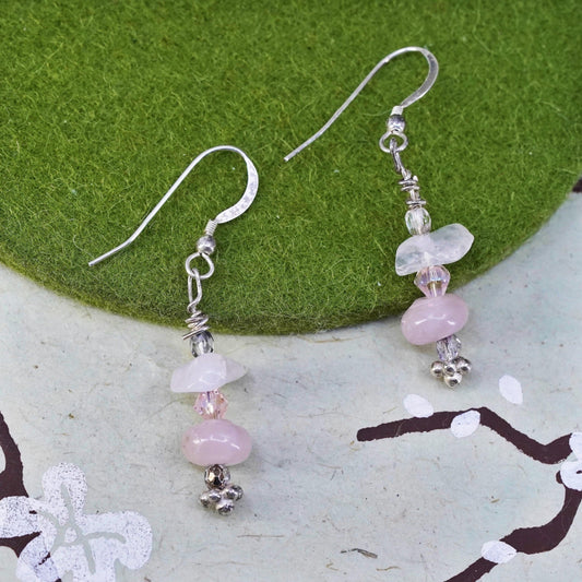 Vintage Sterling 925 silver handmade wired earrings with pink quartz