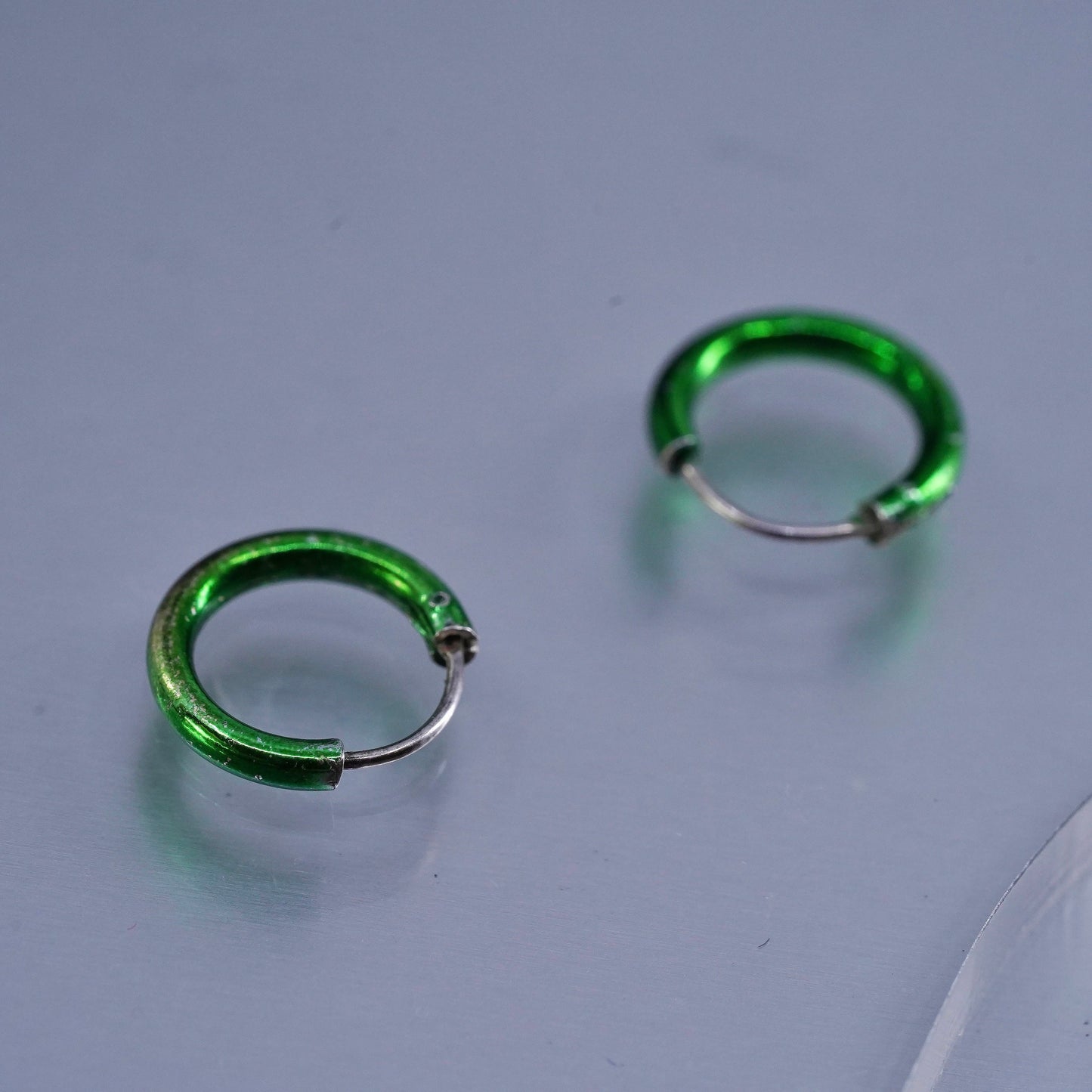 0.5”, vintage Sterling silver handmade earrings, 925 green hoops