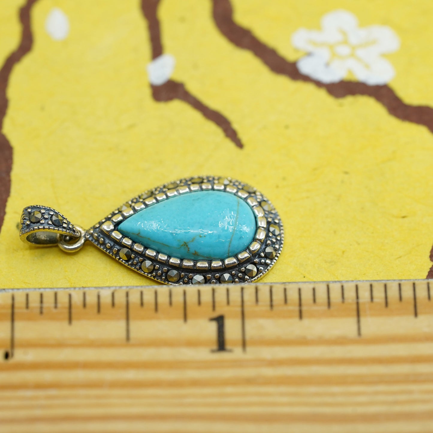 Vintage Sterling silver handmade pendant with turquoise, 925 teardrop w/ beads