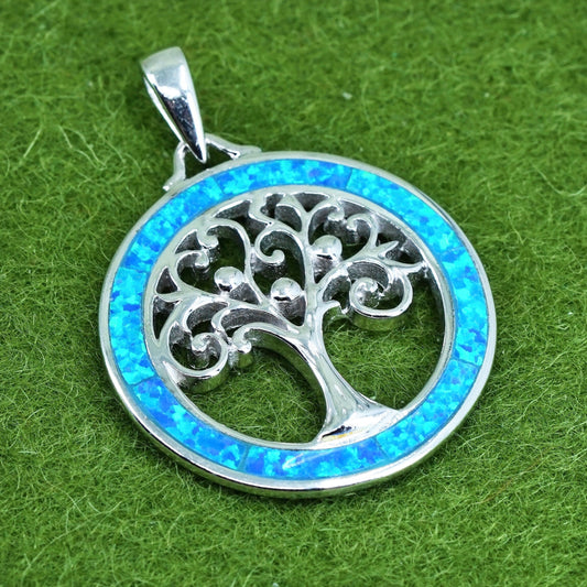 Vintage sterling silver handmade pendant, 925 family tree tag charm with opal