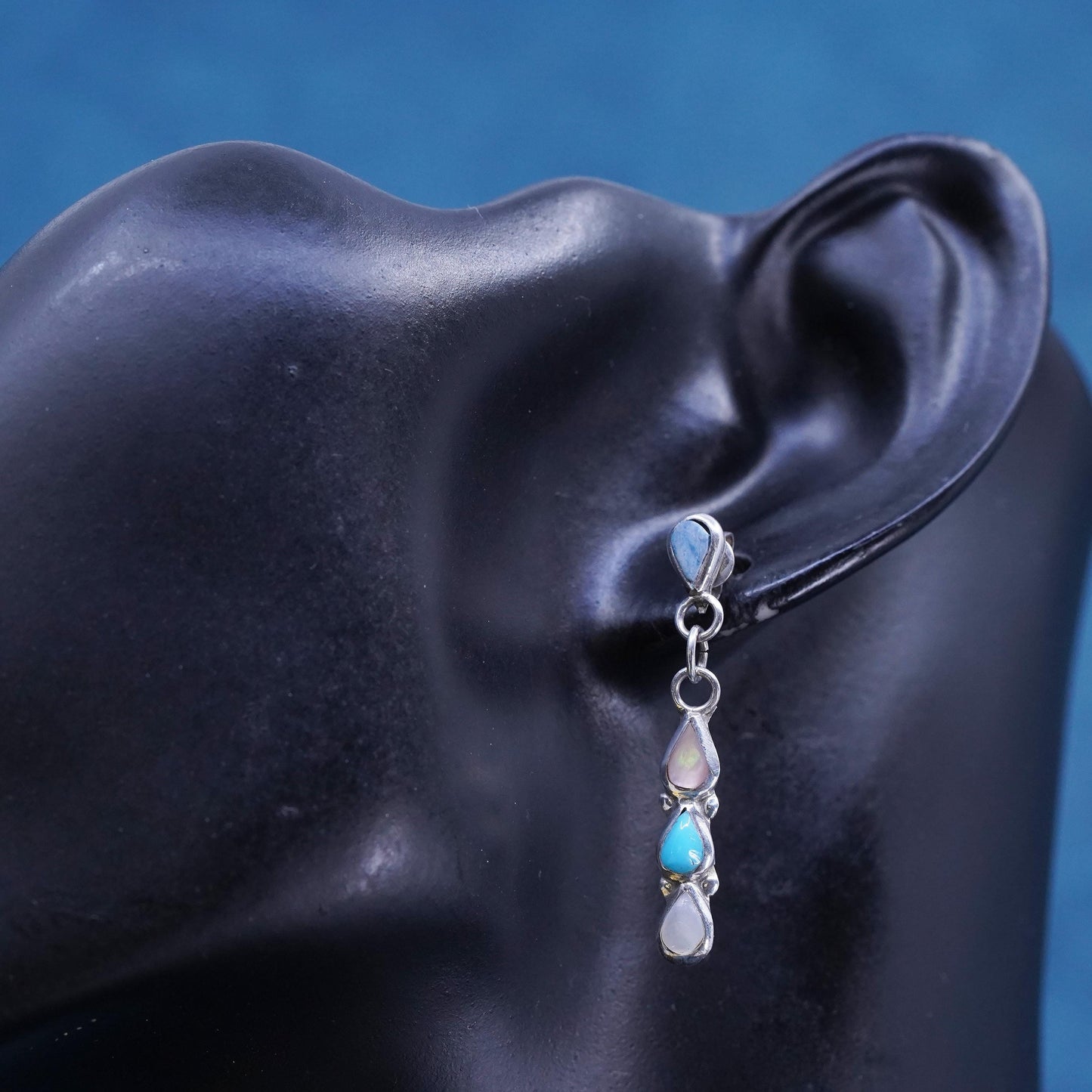 Native American Navajo sterling 925 silver teardrop earrings turquoise MOP