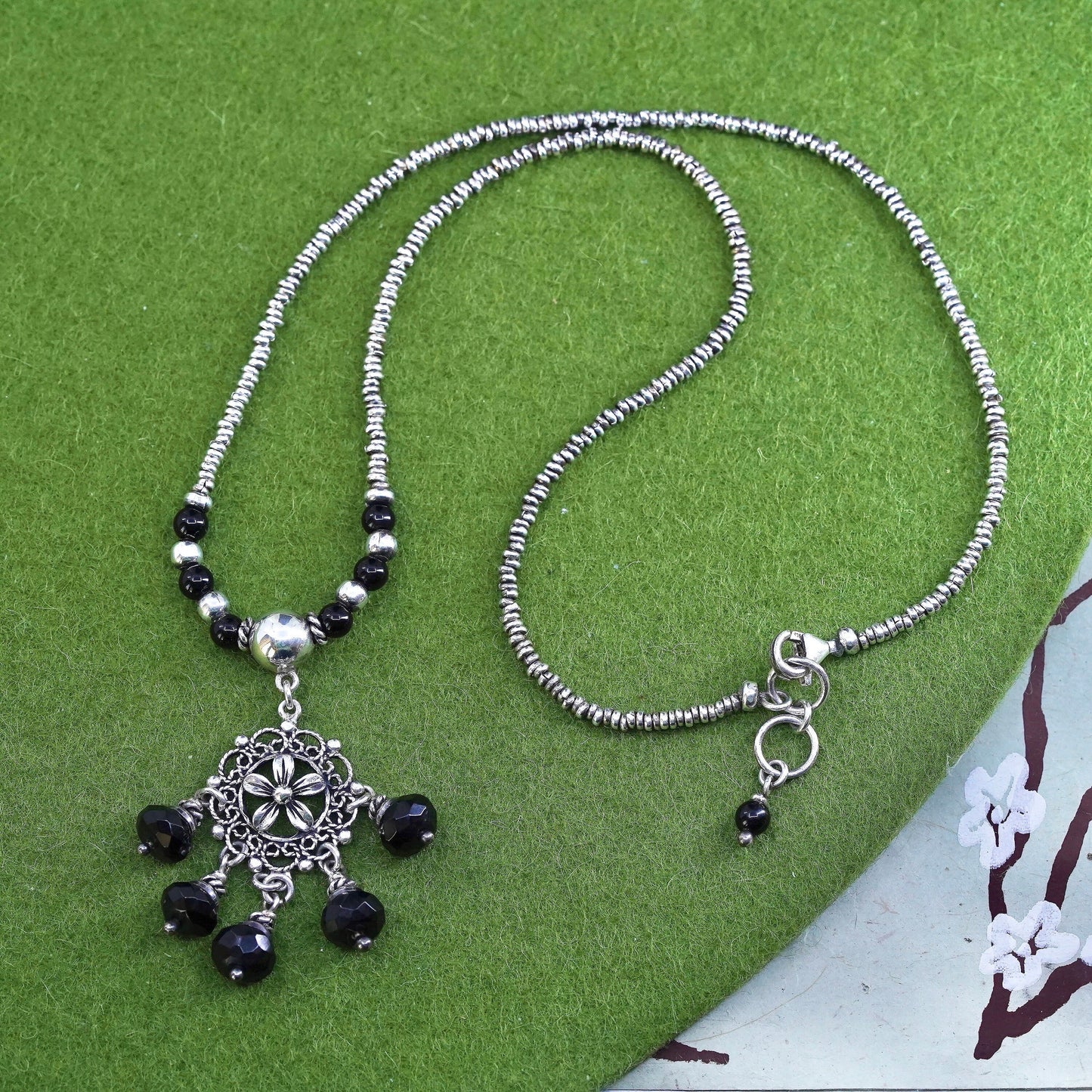 17”, Sterling silver heishi beads necklace, 925 chain plumeria flower pendant