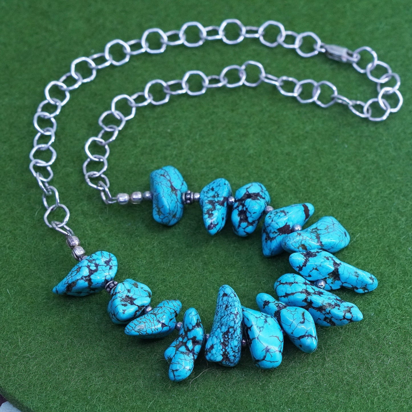 16”, Vintage sterling silver 925 necklace with nugget spiderwebbed turquoise