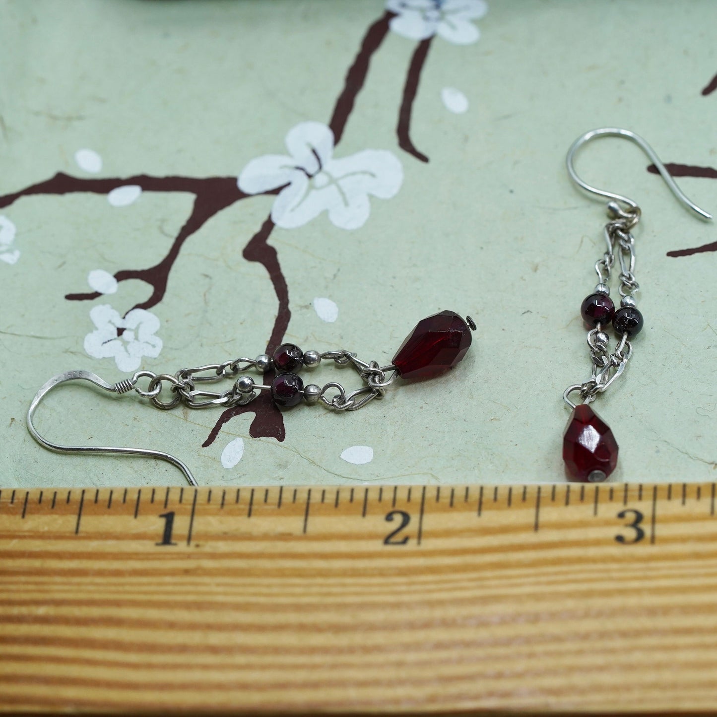 Vintage sterling 925 silver handmade chain earrings with teardrop garnet