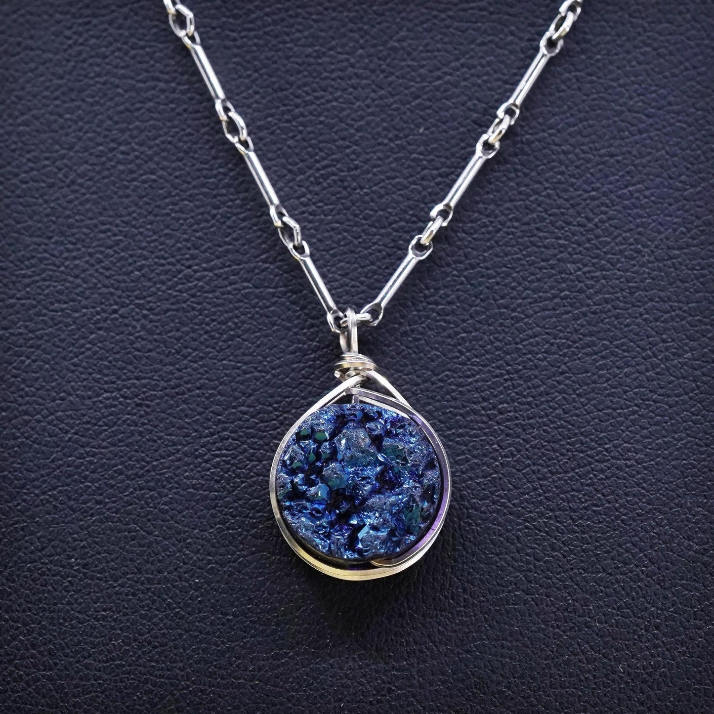 16”, Sterling 925 silver necklace, tube chain with blue druzy quartz pendant