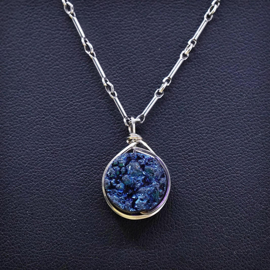 16”, Sterling 925 silver necklace, tube chain with blue druzy quartz pendant