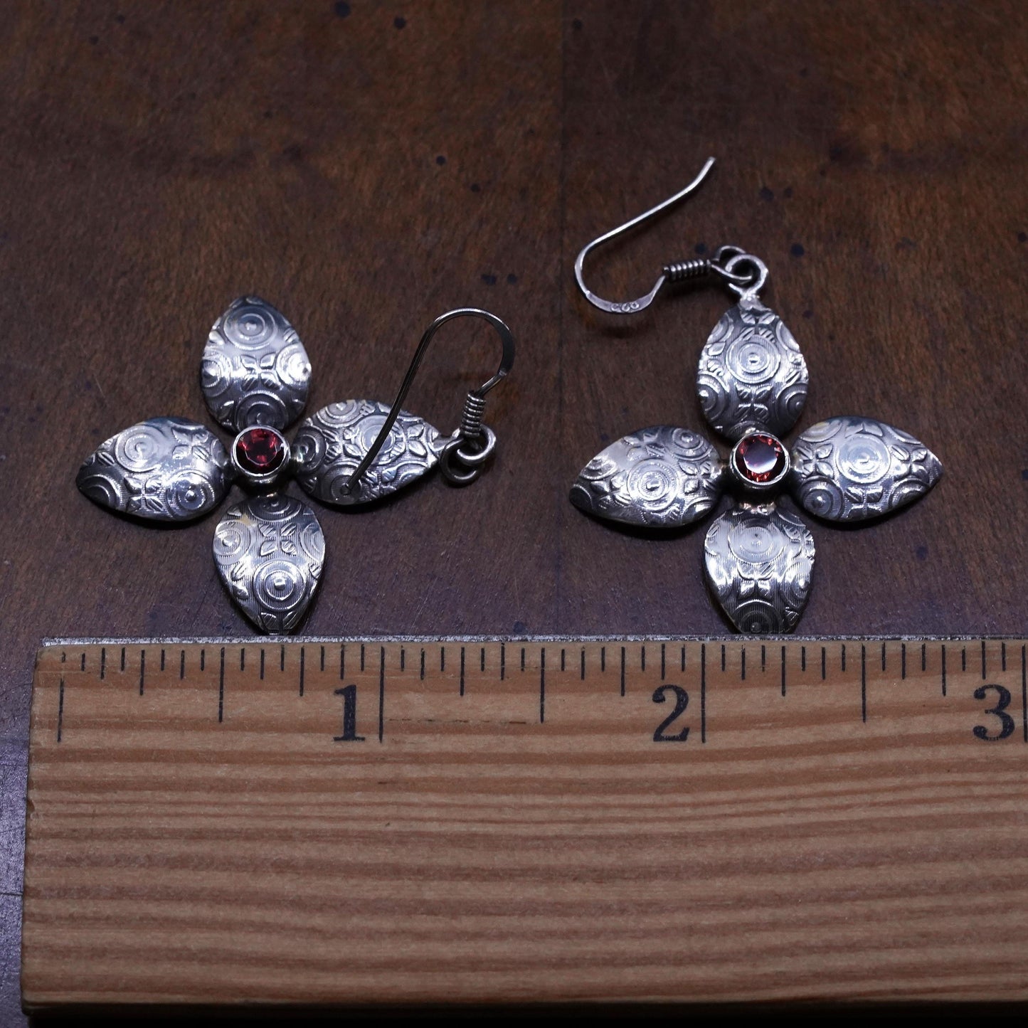 Vintage sterling silver handmade earrings, southwestern 925 four leaves ruby