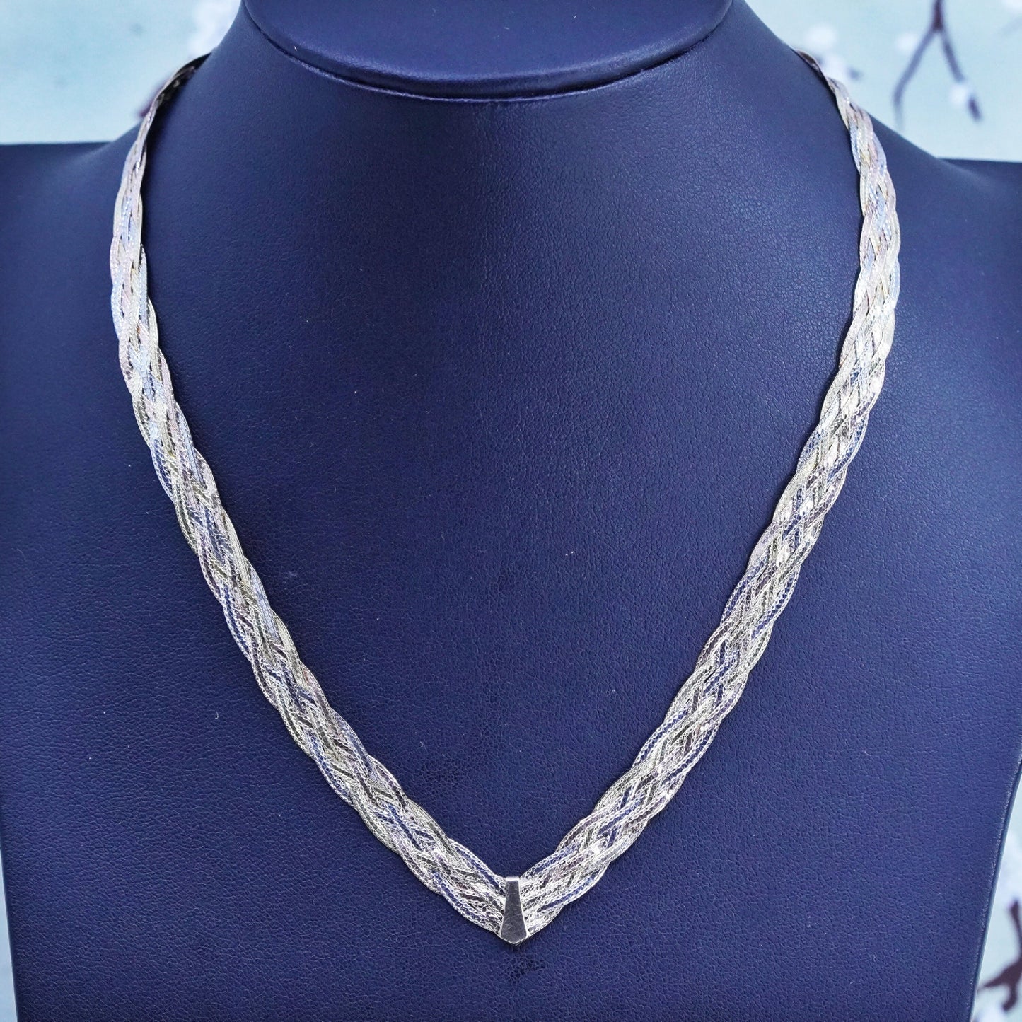 16",, triple tone sterling silver necklace, 925 braided herringbone chain