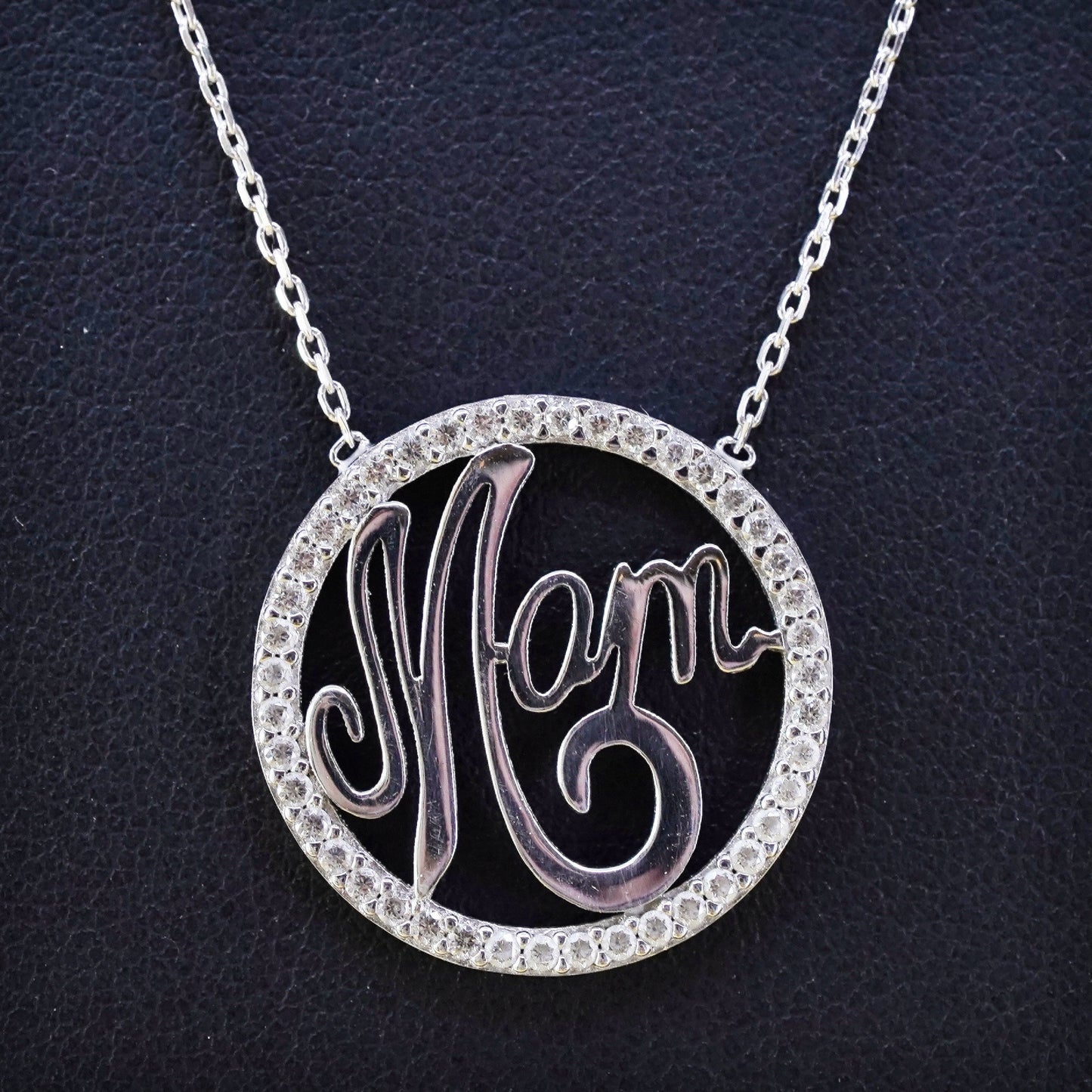 17+2", Sterling 925 Silver Circle Chain Necklace with circle “mom” pendant cz