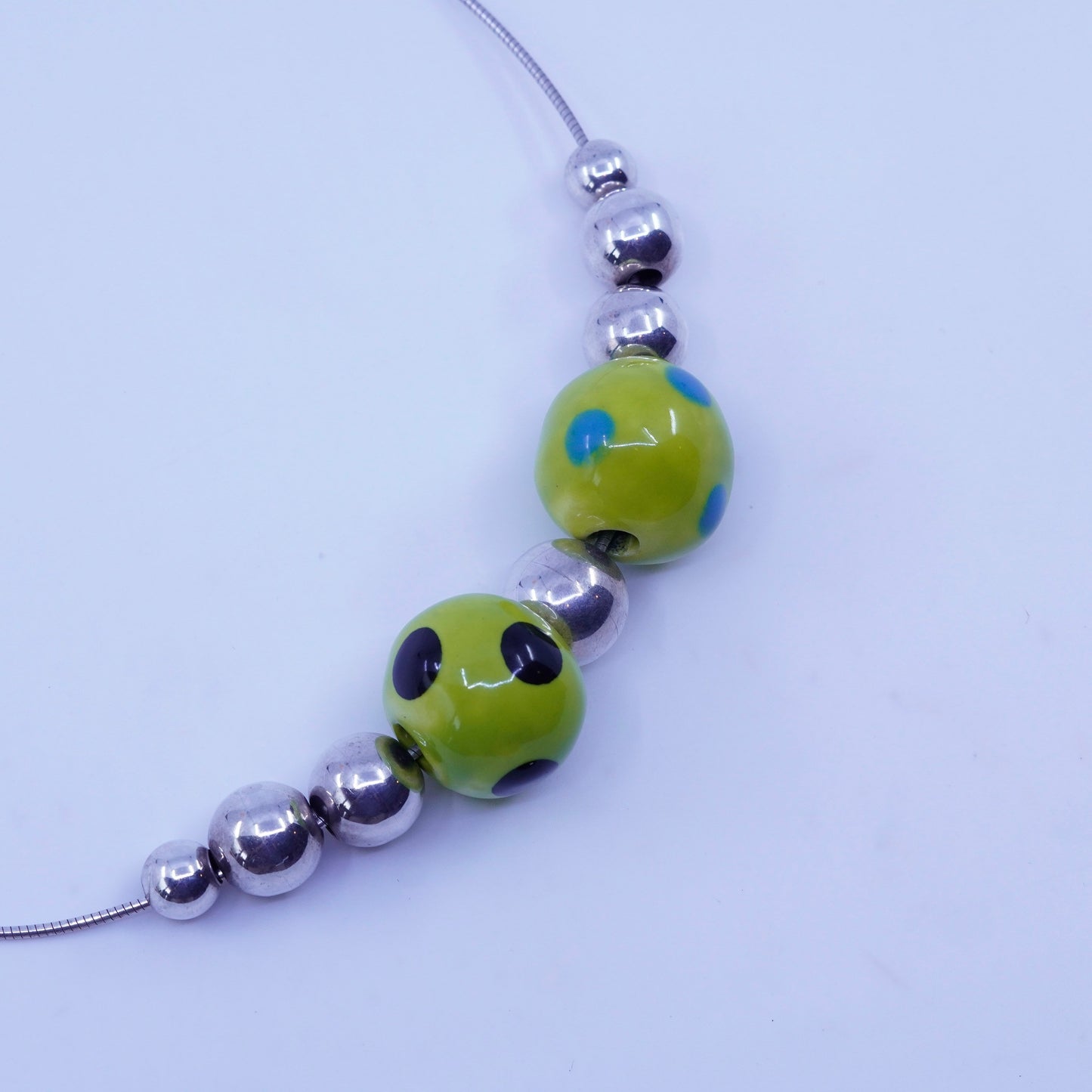 16”, Sterling silver necklace, 925 snake chain with green bead charm pendant