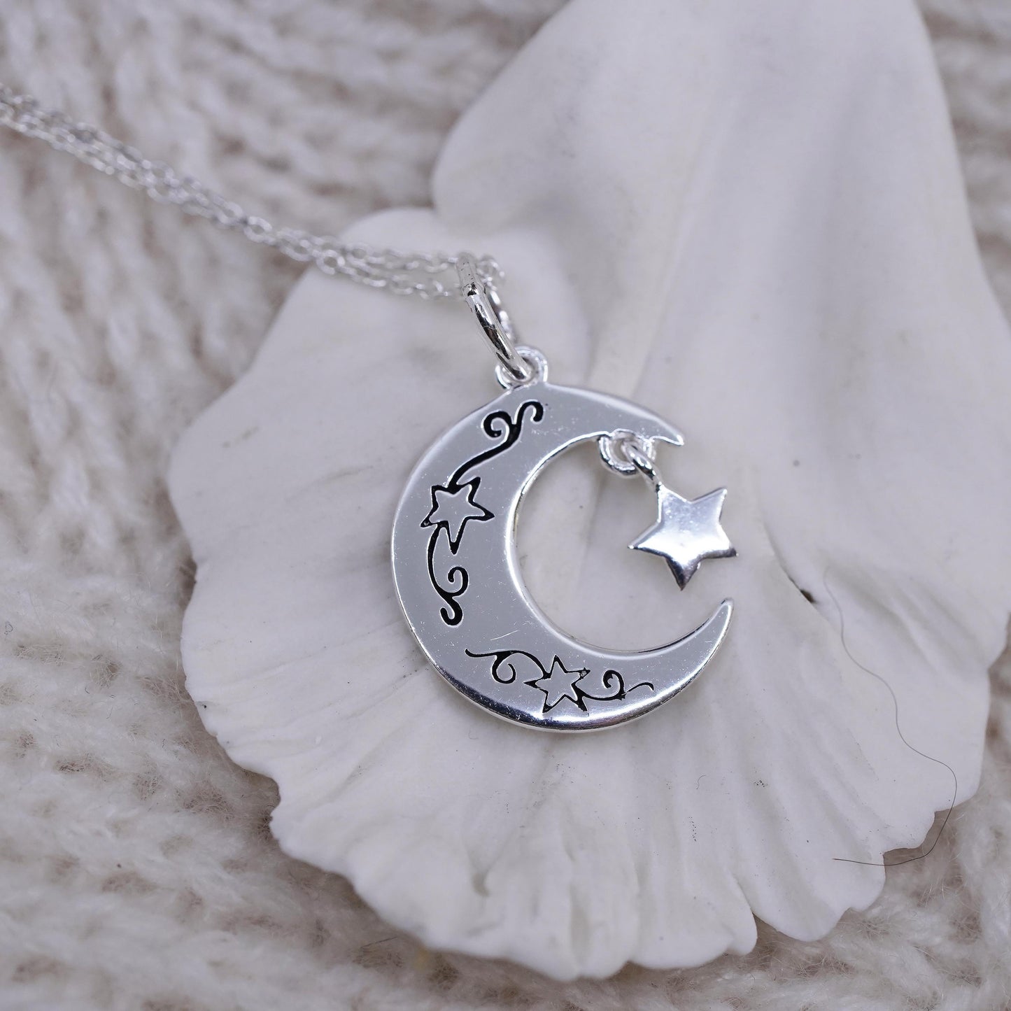 Sterling silver box chain necklace, 925 heart moon pendant "I love you