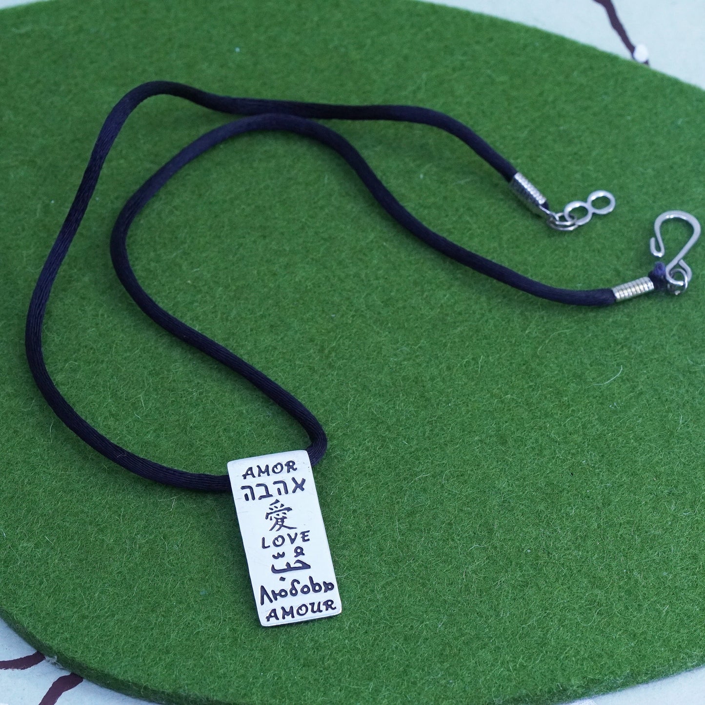 18”, Sterling 925 silver handmade necklace, black silk chain with tag Love