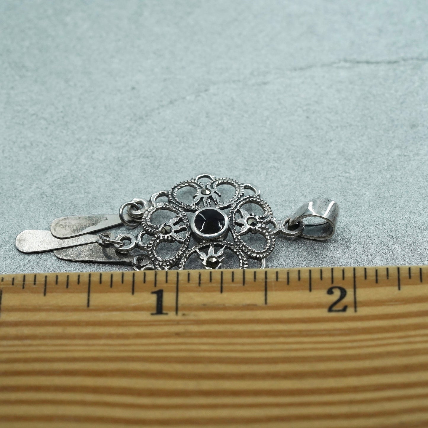 vintage Sterling silver handmade charm, 925 pendant with Marcasite and onyx