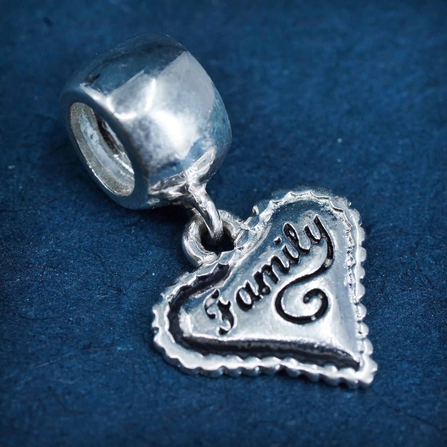 vintage Sterling silver handmade pendant, 925 heart charm embossed “Family”