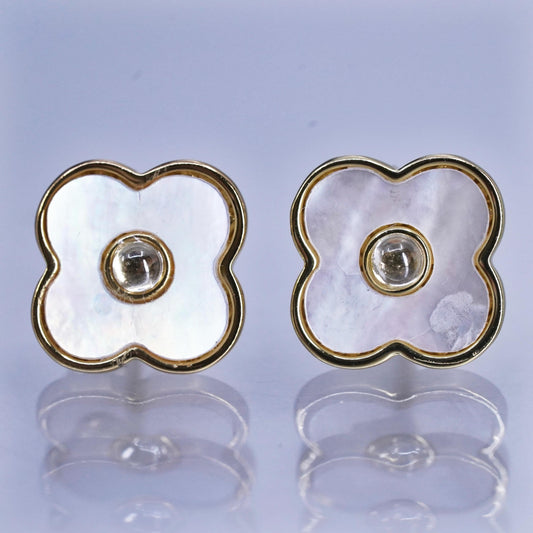 vermeil gold over Sterling 925 silver handmade lucky clover earrings, studs MOP