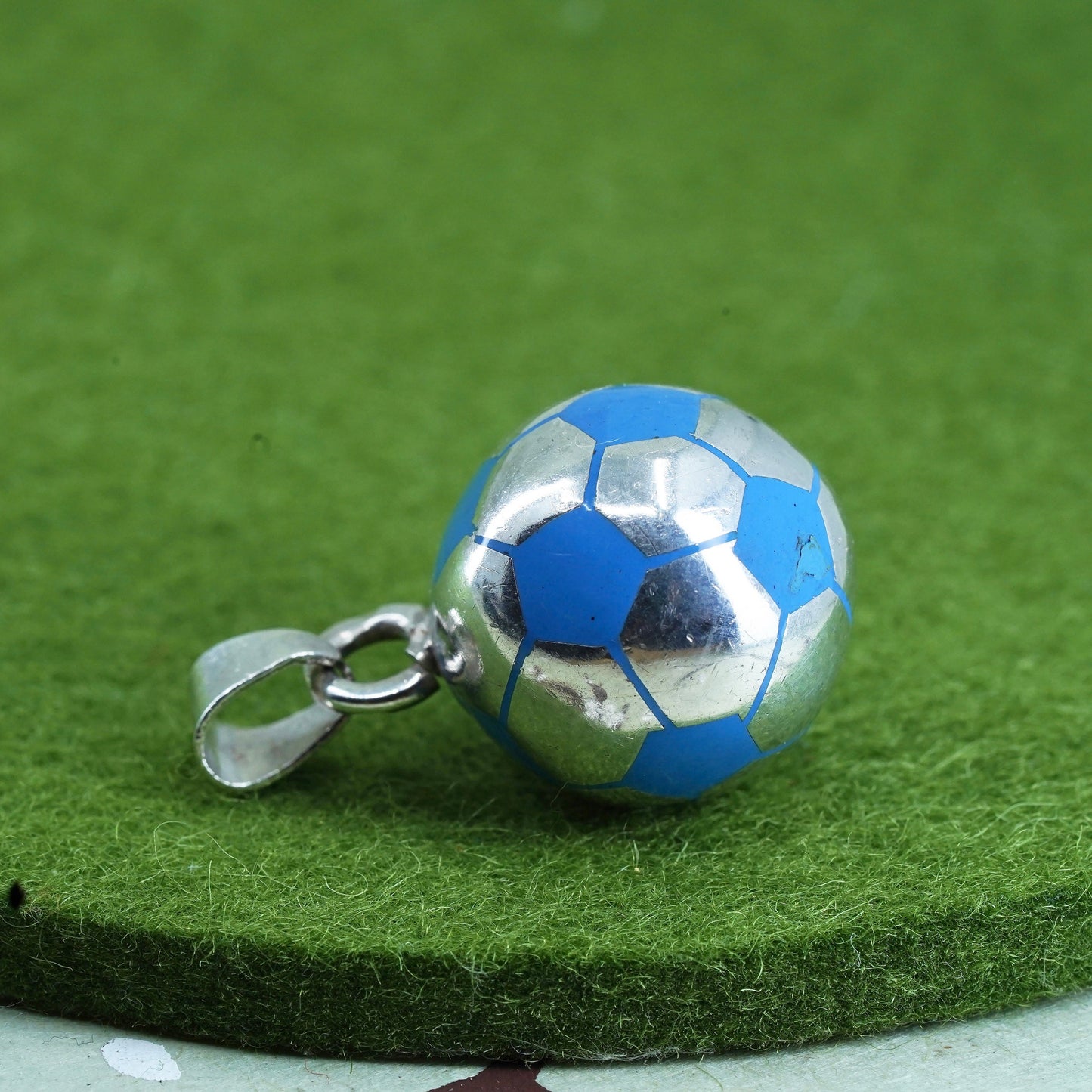 Mexican sterling silver pendant, 925 silver football soccer charm blue enamel