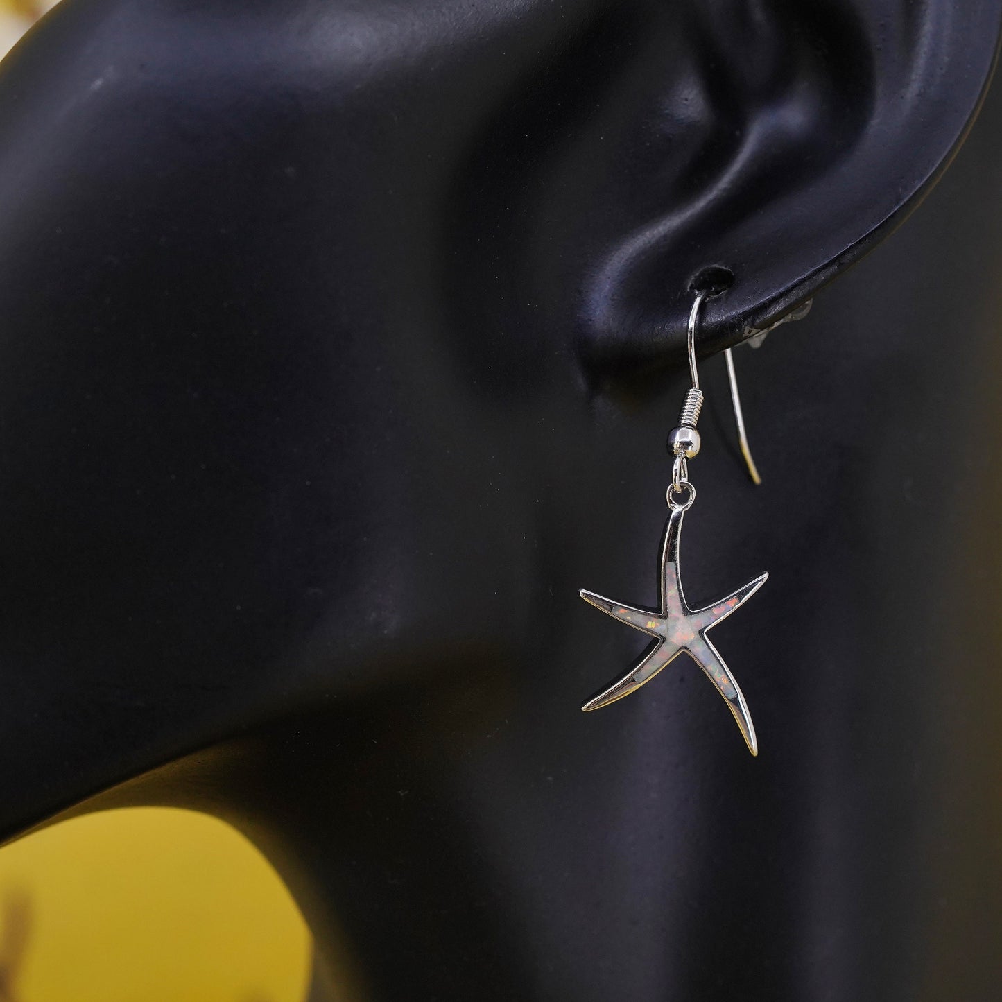 Vintage sterling silver handmade earrings, 925 starfish with opal Inlay