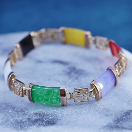 7.5”, yellow tone tennis bracelet with jade, carnelian, obsidian bar happiness