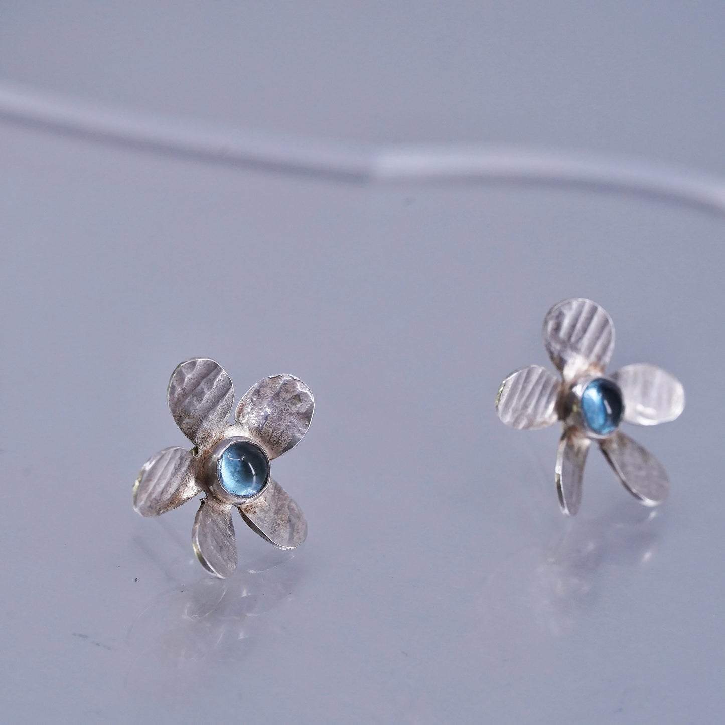 southwestern Sterling 925 silver handmade earrings, flower studs blue crystal