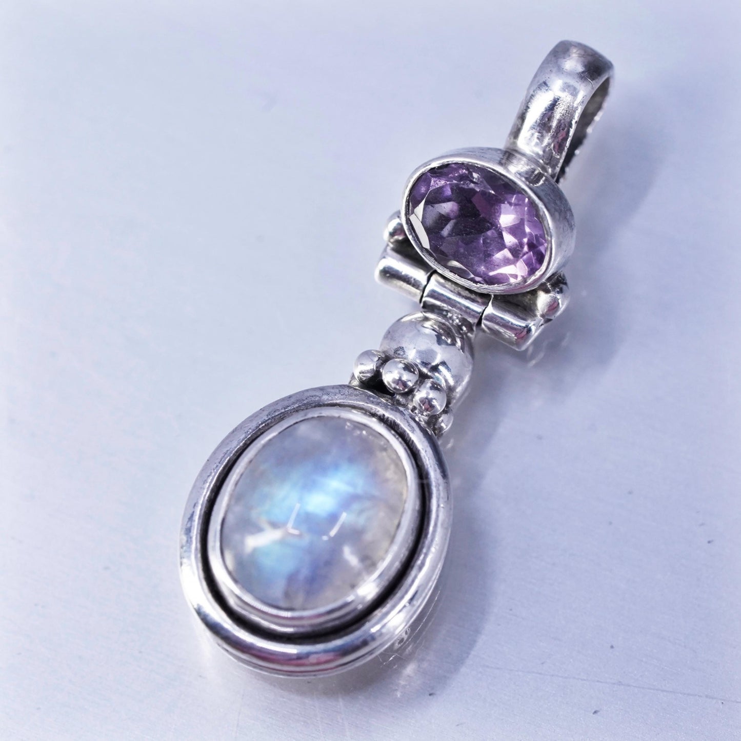 Vintage sterling 925 silver handmade charm pendant with amethyst and moonstone