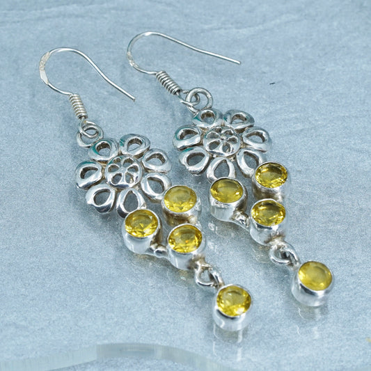 Vintage Sterling 925 silver handmade flower earrings with citrine