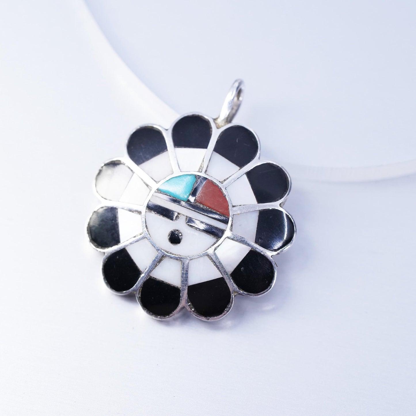 R Wallace Native American sterling 925 silver zuni sunflower pendant turquoise