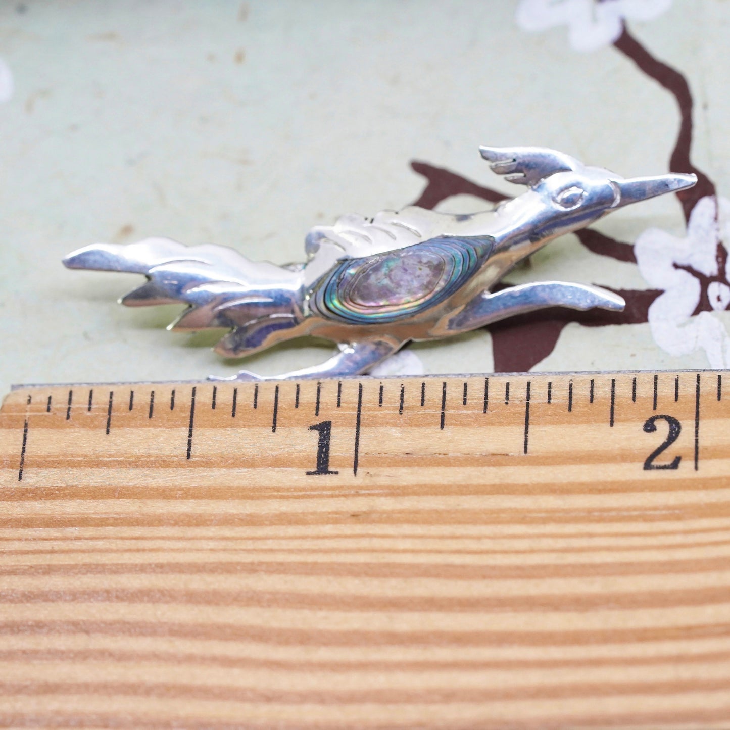 Vintage sterling silver handmade brooch, 925 bird runner bird pin with abalone