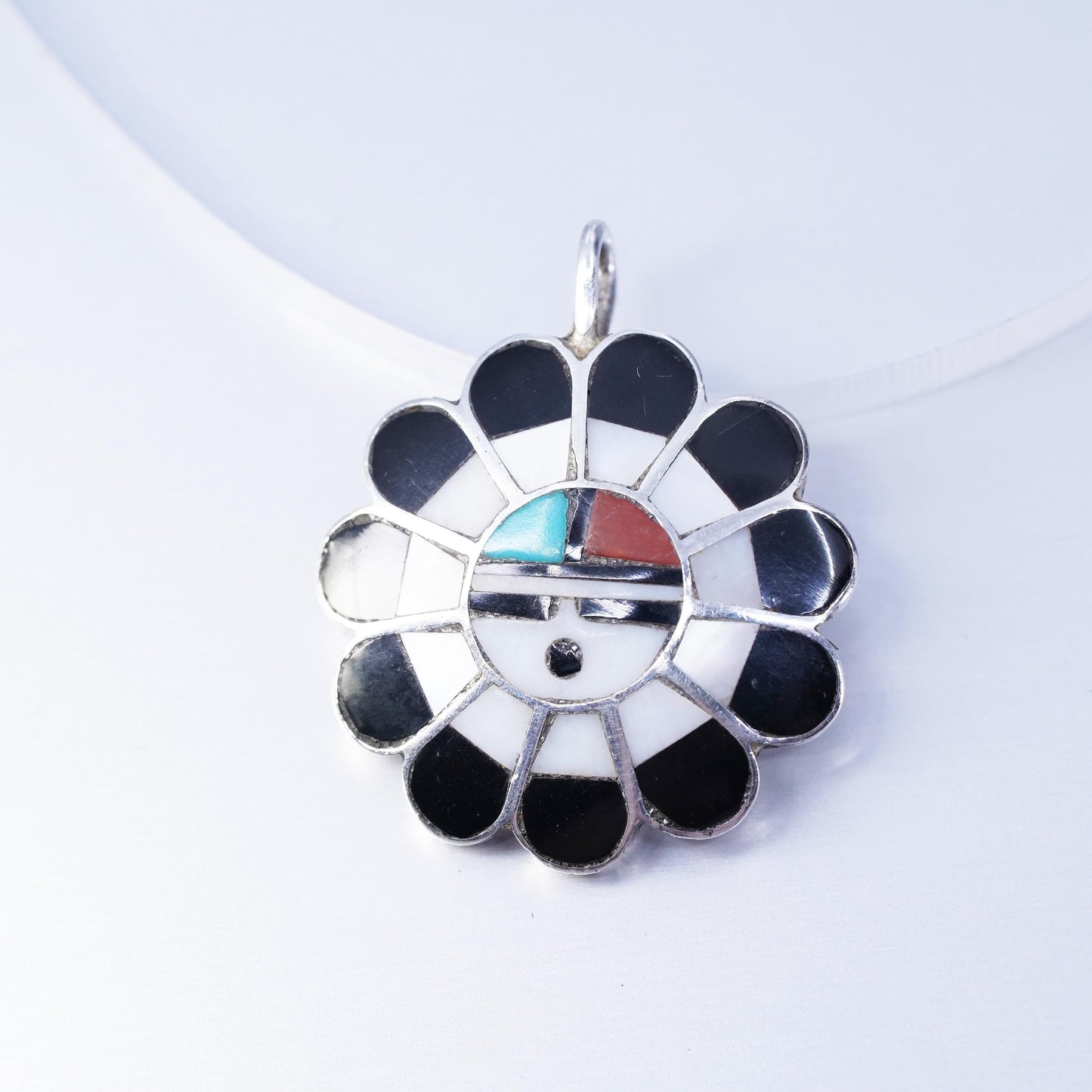 R Wallace Native American sterling 925 silver zuni sunflower pendant turquoise