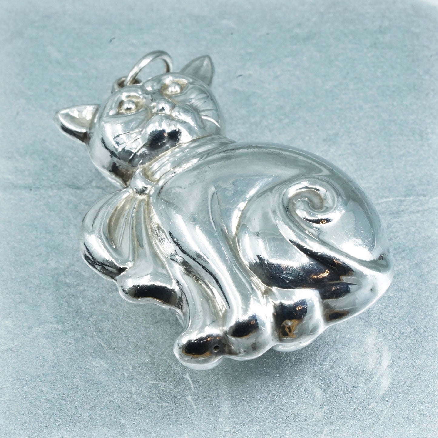 vintage Sterling silver handmade charm, 925 puffy cat kitty pendant