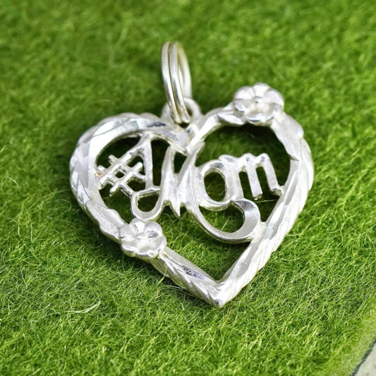 Sterling silver handmade pendant, filigree heart with “mom”, 925 silver pendant