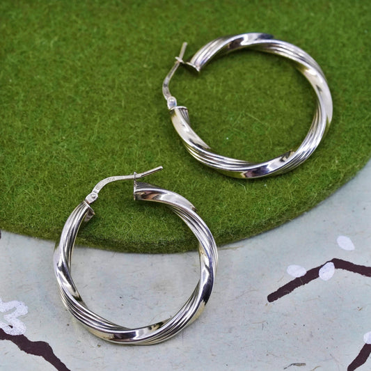 1.25”, VTG Italian gold over sterling silver loop earrings, 925 twisted hoops