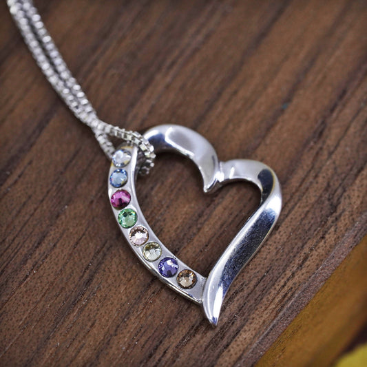 18", Sterling silver necklace, 925 box chain with heart pendant gemstones