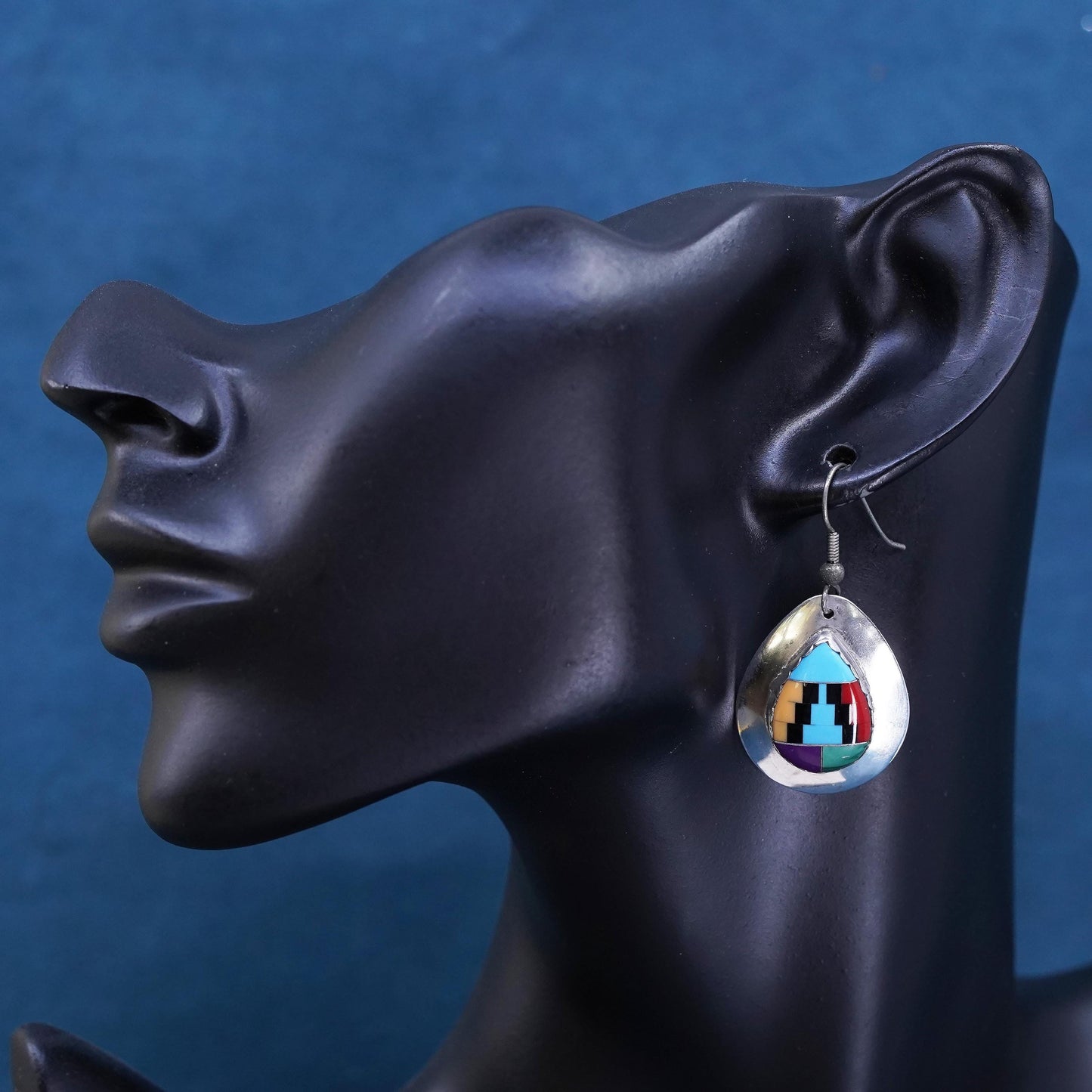 Vintage Native American sterling silver earrings, teardrop 925 drops turquoise