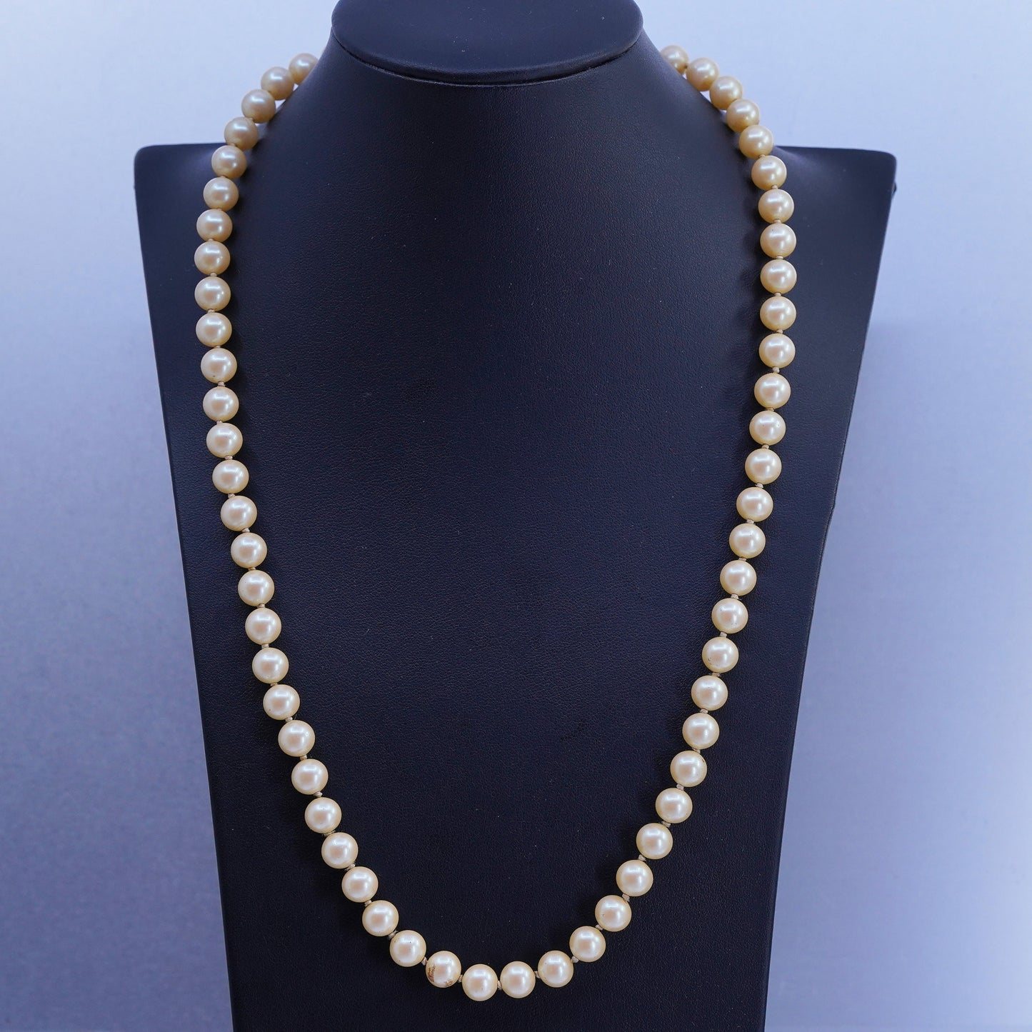 23”, vintage 1940s 8mm golden pearl necklace with Sterling 925 silver clasp