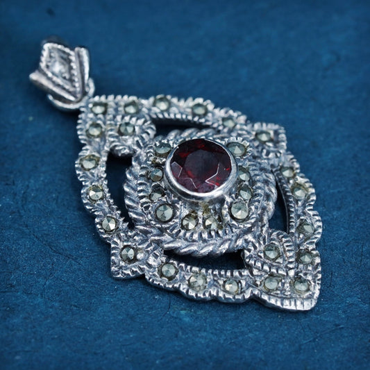 Vintage sterling 925 silver handmade pendant with ruby and marcasite details