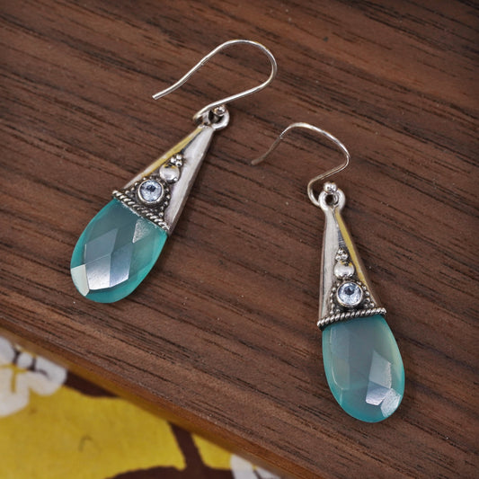YS Indian Sterling 925 silver teardrop earrings with chalcedony blue crystal