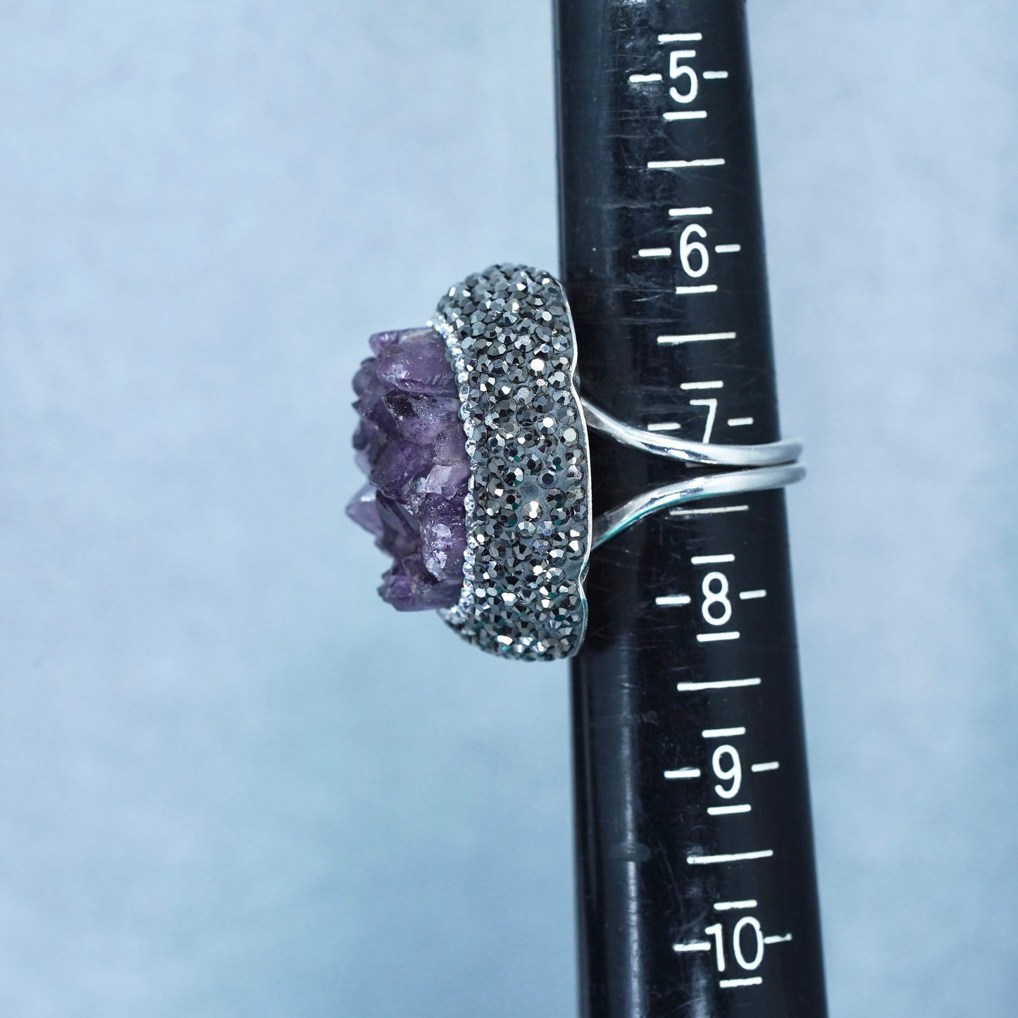 Size 7, VTG Truva Sterling 925 silver handmade ring w/ druzy amethyst marcasite