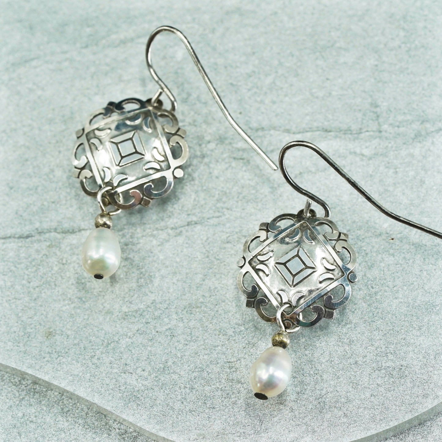 Vintage Sterling 925 silver handmade filigree earrings with pearl