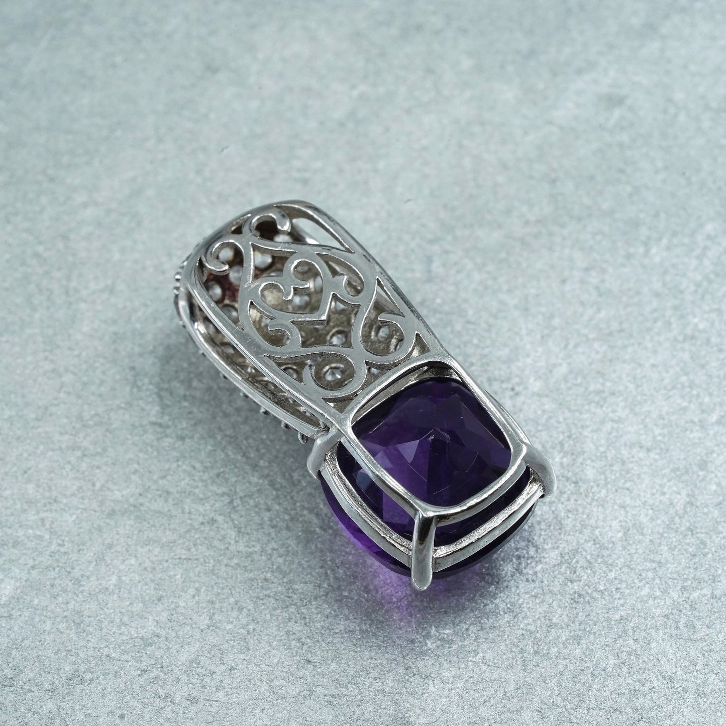 sterling 925 silver pendant with checkerboard cut amethyst and cluster cz