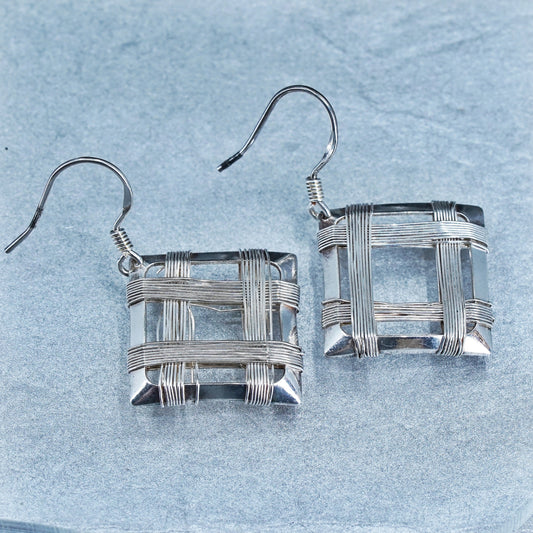 vintage Sterling silver handmade earrings, wired 925 square dangled