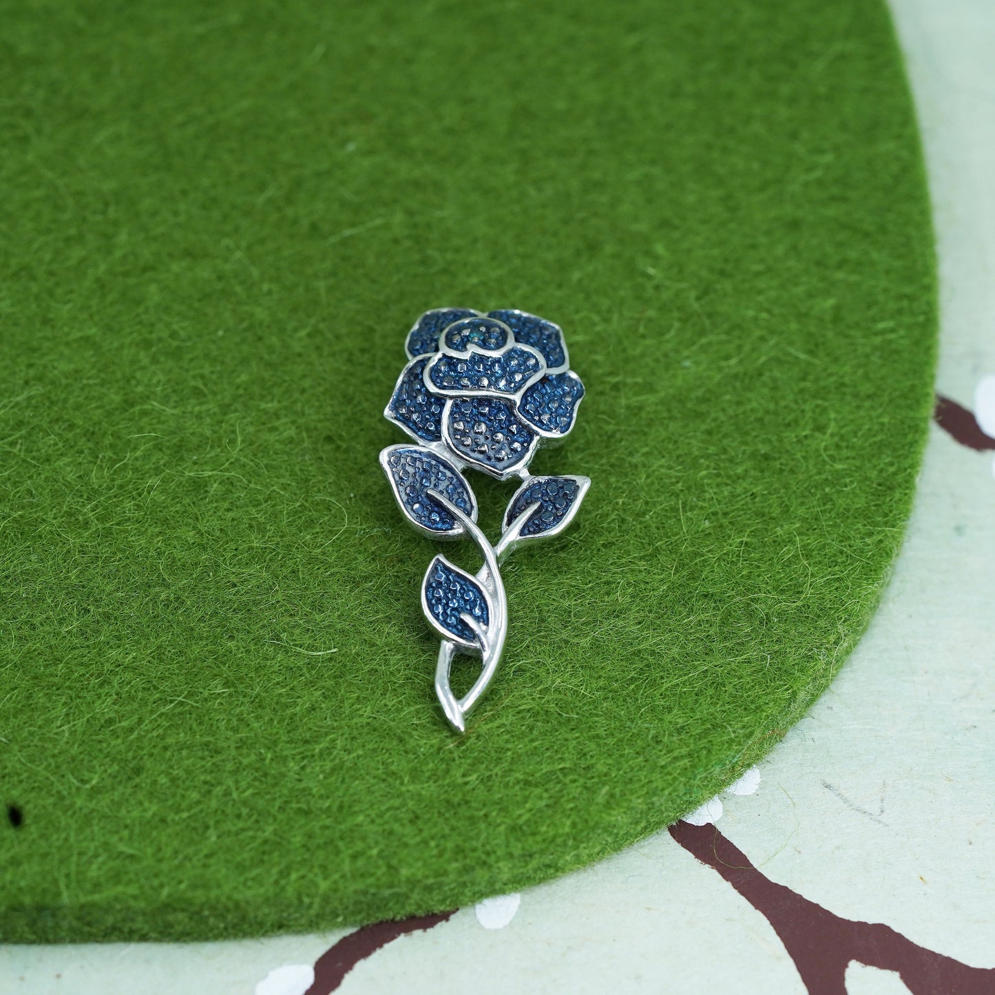 Vintage Sterling silver pendant, 925 blue rose flower with sapphire