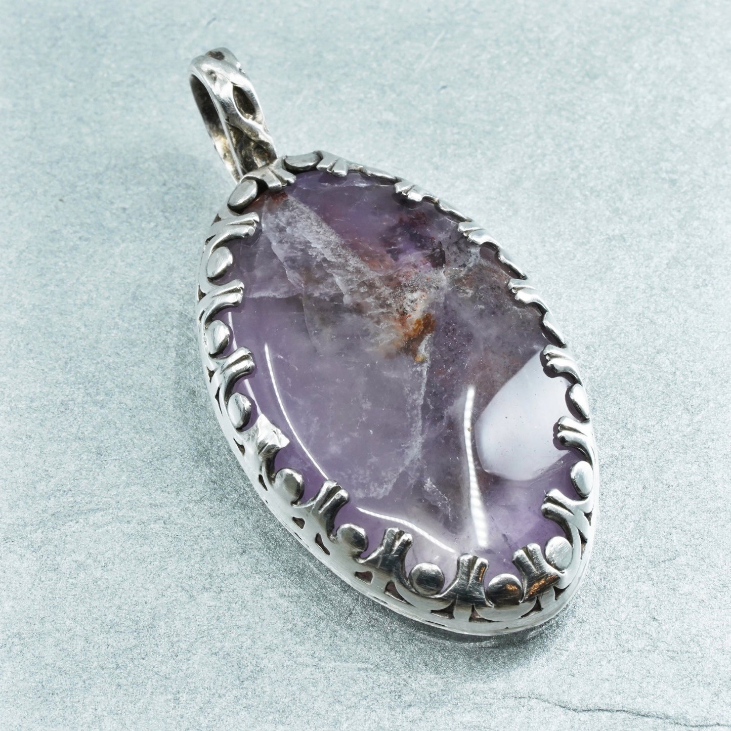 Vintage W fine silver 999 handmade oval pendant with amethyst