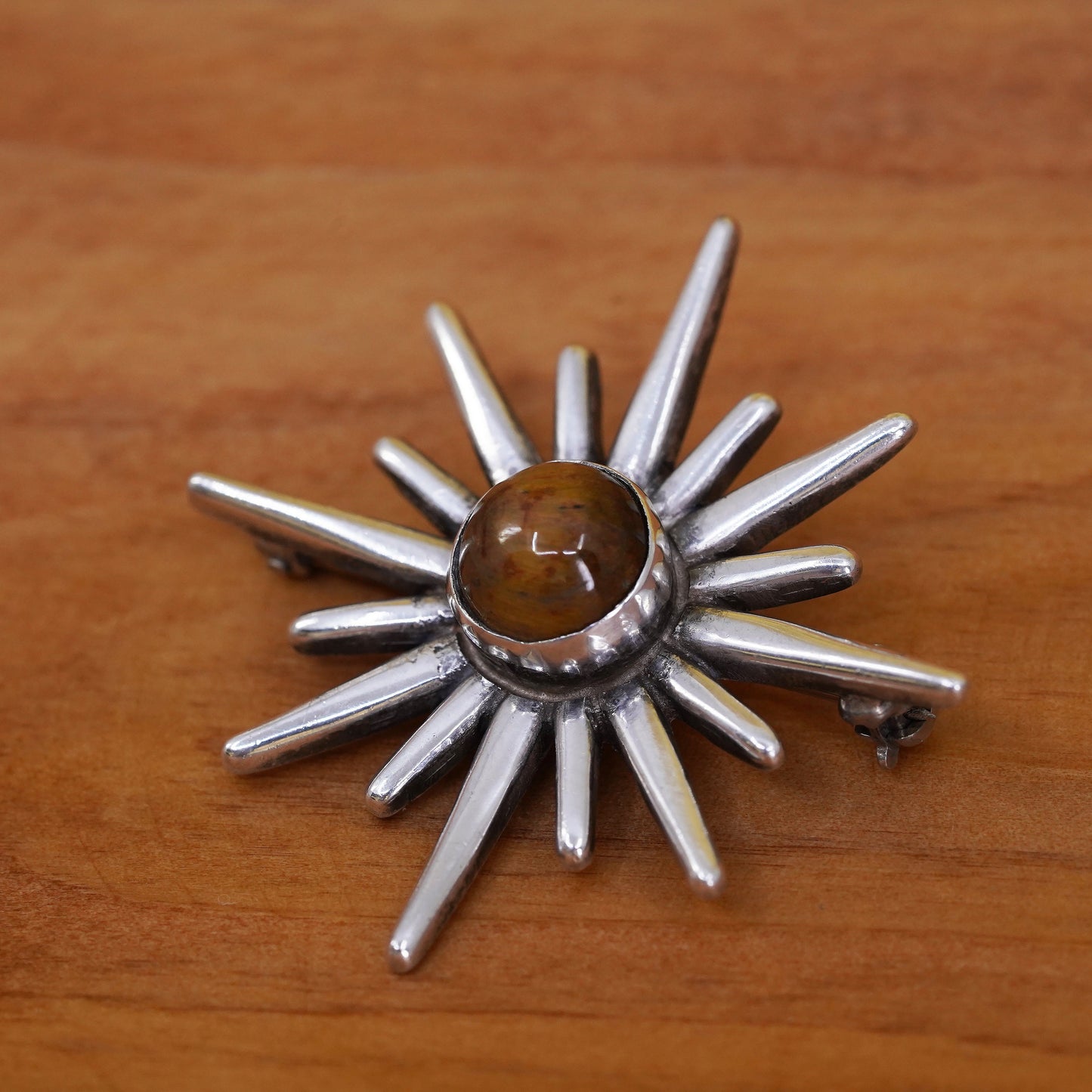 Mexican handmade sterling 925 silver sun shaped brooch with golden tiger eye