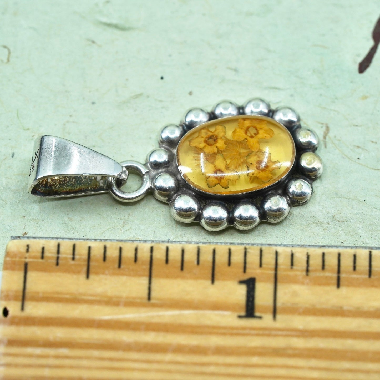 Vintage Sterling silver handmade pendant bead around, mexico 925 resin flower