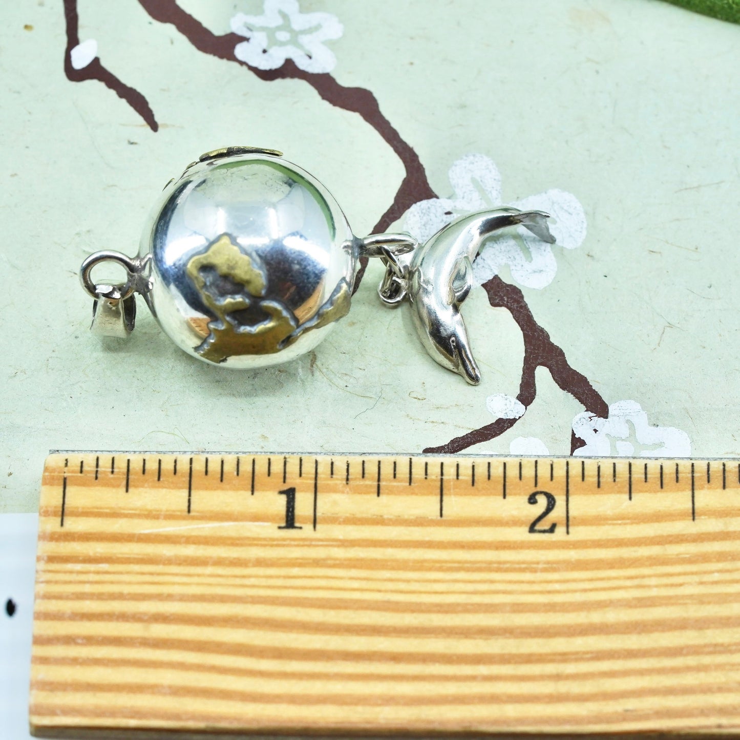 Sterling silver earth globe chime harmony ball, 925 bell with dolphin charm